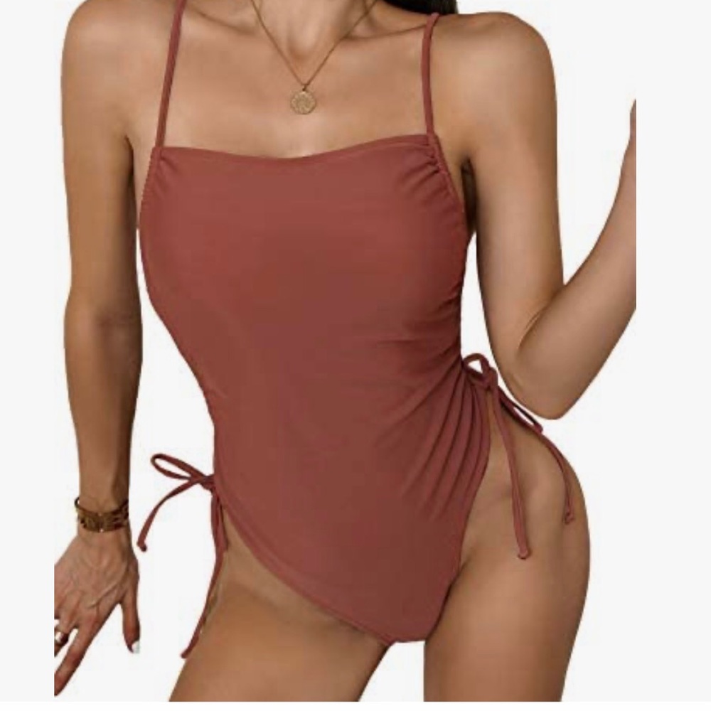 SHEIN Rust One Piece Drawstring Tie Side Wireless Monokini Swimwear Medium